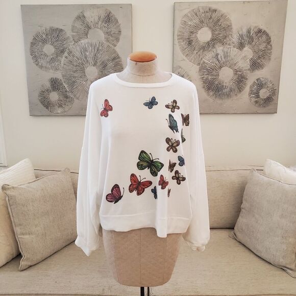 Go Couture Cartoon Butterflies Crewneck Dolman Balloon Sleeves Sweater sz Small - Picture 2 of 10